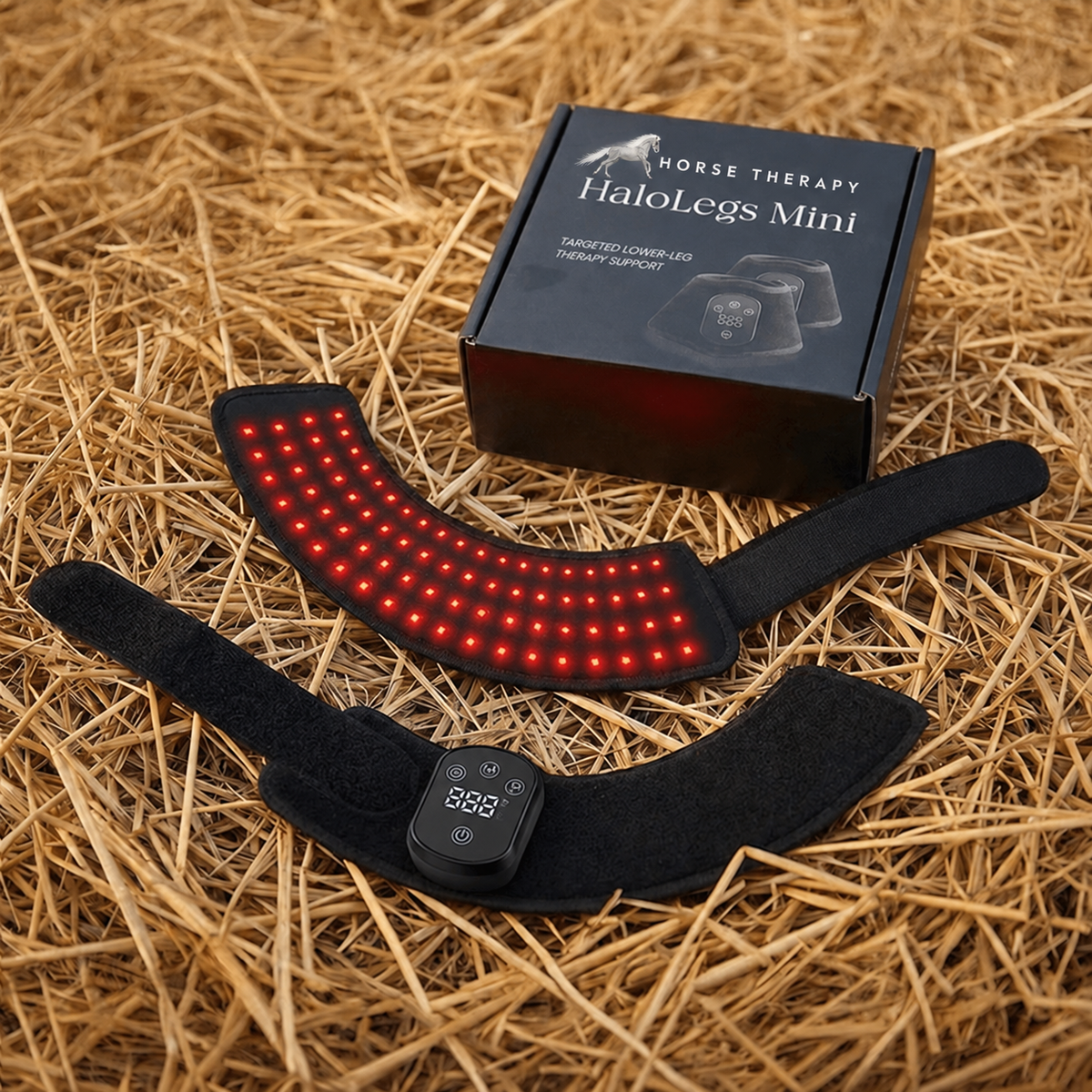 HaloLegs Mini wraps beside a Horse Therapy branded box