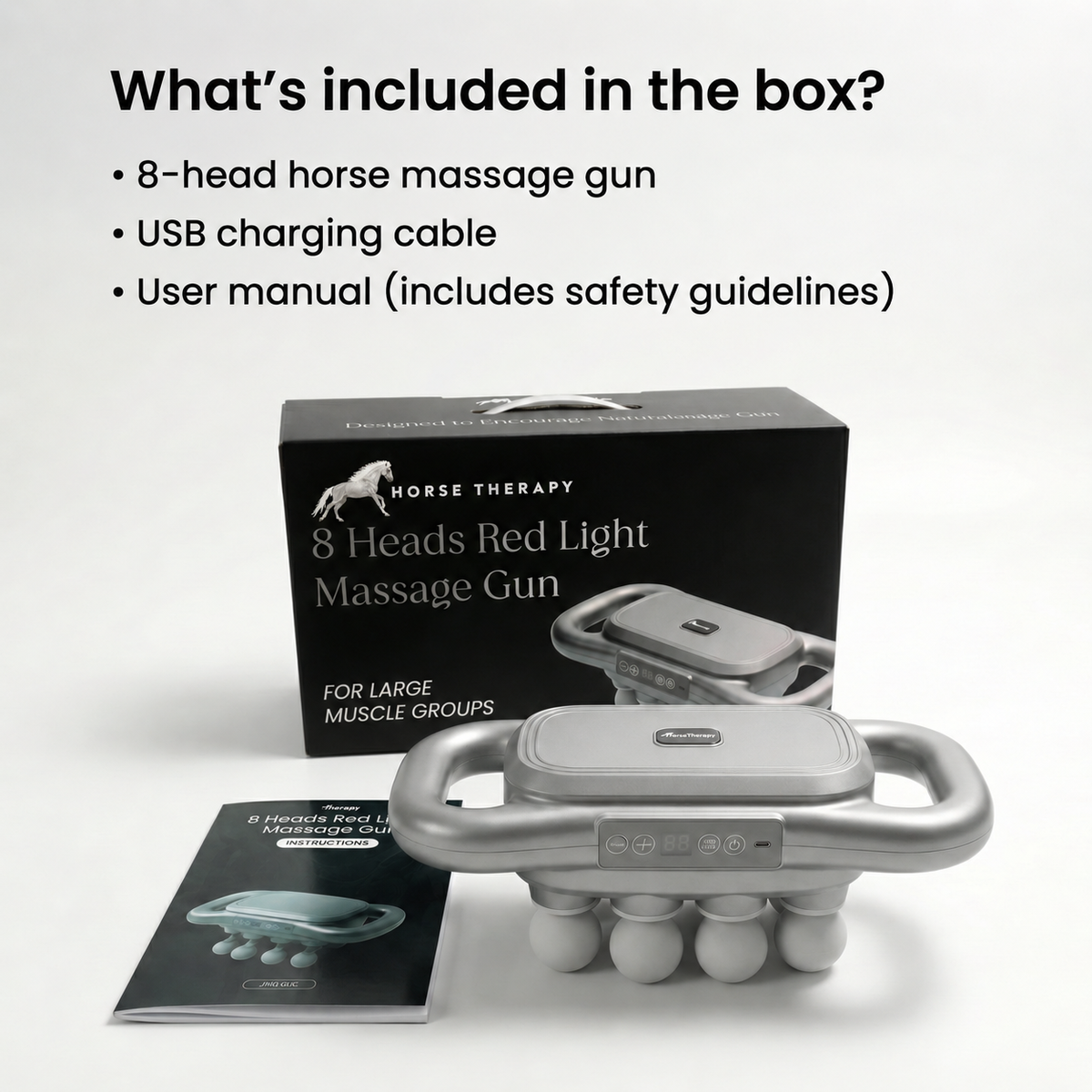 Massage gun and Horse Therapy branded box with included accessories